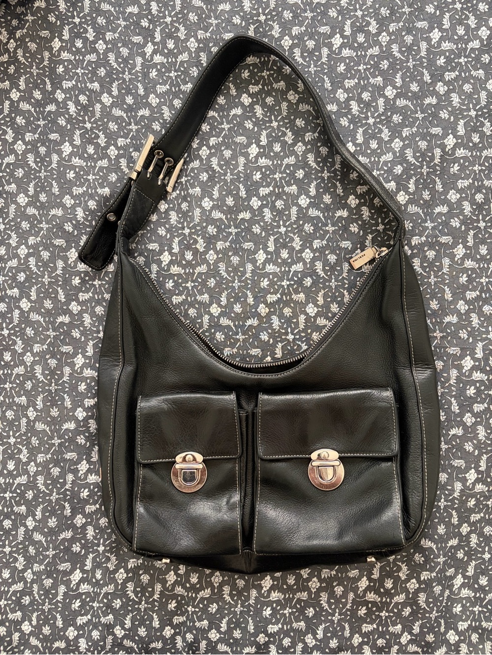 Black Leather Shoulder Bag with Front Pockets